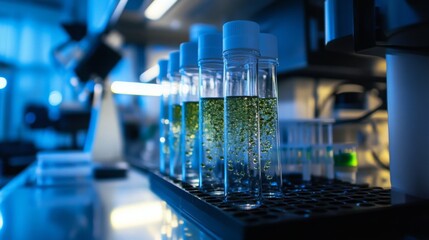Poster - Test tubes containing green algae cultures are displayed in a laboratory.