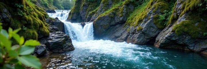 Wall Mural - Crystal water tumbles over moss-covered cliffs, photography, beauty