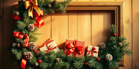 Poster - Festive Evergreen Wreath with Wrapped Presents Around a Golden Frame on a Rustic Wood Background