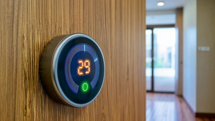 Poster - Modern Smart Thermostat on Wooden Wall in Contemporary Living Space Design