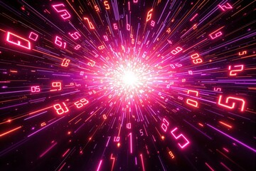 Poster - Abstract burst of neon numbers radiating from a central light source.