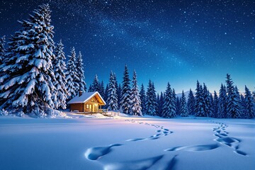 Poster - Snowy forest landscape with illuminated cabin, footprints in snow, and starry night sky.