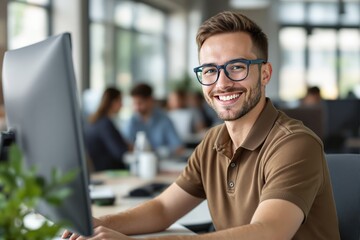 Poster - Smiling young professional working on a computer in a modern office environment.