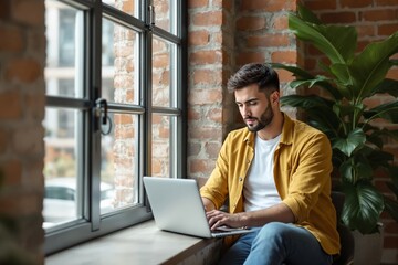 Poster - Man working on laptop near window in brick-walled office space with green plant in background.