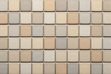 Aufkleber - Beige and gray square ceramic tiles arranged in a grid pattern on a wall, creating a neutral, textured background.