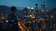 © Teeraphon - Abstract businessman stands on the peak of success Smart digital city with connection cyber security network reciprocity over the cityscape future wireless digital city and social media networking