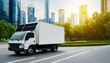 © Wimon - A modern truck with solar panels drives through a city street surrounded by skyscrapers and greenery under a bright sky.
