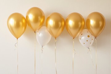 Poster - Golden and white balloons on a plain wall background.