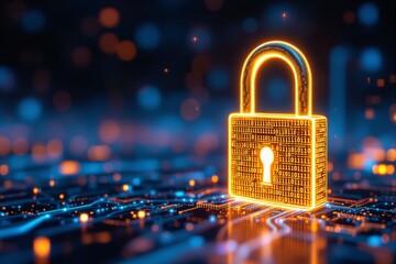 Aufkleber - Cybersecurity concept with glowing padlock and binary code on digital background.