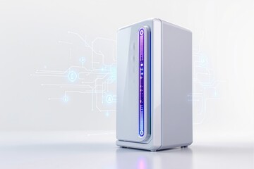 Poster - White futuristic server with glowing digital interface on light background.