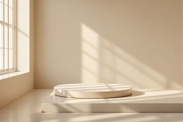 Aufkleber - Minimalist beige podium in sunlight with window shadows on neutral background.