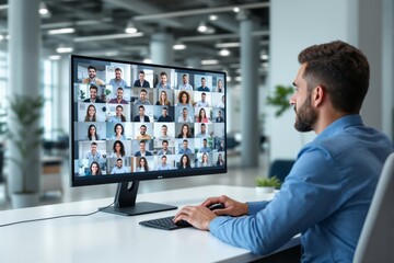 Poster - Business professional attending virtual meeting on desktop in modern office background.