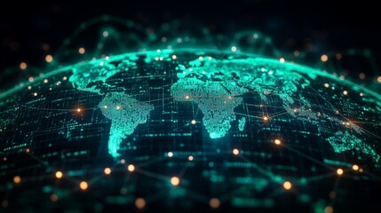 Fototapete - A detailed view of the world illuminated by a network of light points, showcasing global connections in a digital format against a dark background.