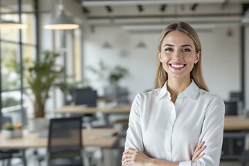 Wall Mural - Woman in a modern office setting with natural light background.