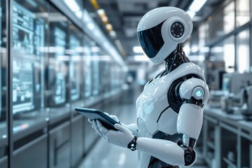 Aufkleber - Futuristic humanoid robot using a digital tablet in a high-tech business environment background.