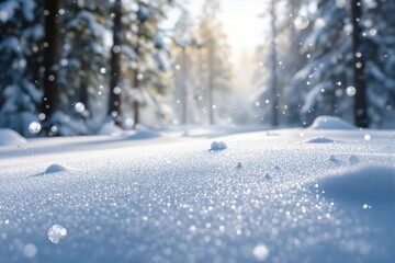 Poster - Close-up of sparkling snowflakes on a wintery forest floor with sunlight and blurred trees in the background.