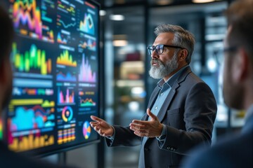 Aufkleber - Business professional presenting data analysis on screen in a modern office environment.