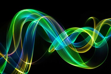 Poster - Abstract glowing light waves in vibrant green, blue, and yellow tones on a dark black background.