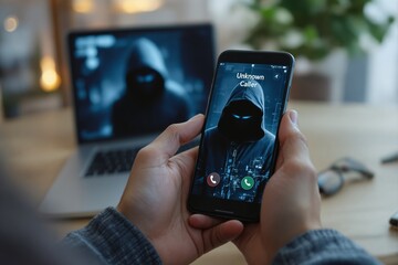 Aufkleber - Hands holding a smartphone displaying a threatening unknown caller with a hooded figure on the screen, laptop in the blurry background.