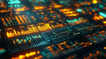 Fototapete - A vibrant display of data analytics showcasing glowing graphs and charts set against a dark background. The scene conveys a high-tech environment focused on information visualization.