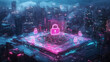 © Worakit - futuristic cityscape with glowing digital locks symbolizes cybersecurity and privacy. vibrant colors and technology evoke sense of protection and