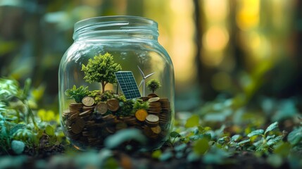 Aufkleber - A glass jar showcases miniature trees, a solar panel, and a wind turbine on a bed of coins, symbolizing the investment in renewable energy and environmental conservation.