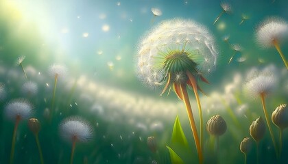 Wall Mural - illustration of white beautiful dandelion; summer and spring background or postcard with copy space