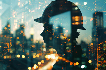 Poster - a double exposure picture of a silhouette professional worker backdrop of city lights generative ai