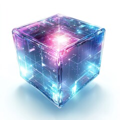 Aufkleber - A glowing, translucent cube with vibrant lights and intricate patterns.