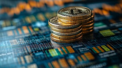Aufkleber - Stacks of gold coins symbolize cryptocurrency amidst a digital backdrop of fluctuating financial data and charts, reflecting market activity.