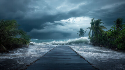 Wall Mural - severe coastal storm with crashing waves and dark clouds over wooden pier. scene evokes sense of dan