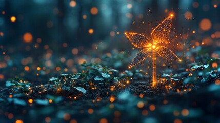 Poster - A glowing plant with shimmering petals emerges from the forest floor as twilight sets in. Soft light sparkles surround it, enhancing the magical atmosphere.