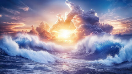 Wall Mural - majestic ocean waves crash under vibrant sunset sky filled with clouds