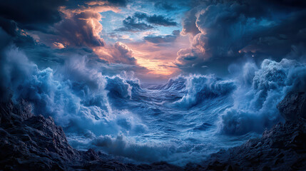 Wall Mural - majestic ocean waves crash against rocky cliffs under dramatic sky