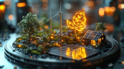 Poster - A detailed miniature landscape features a cozy house with solar panels, wind turbines, and illuminated foliage. The scene captures an eco-friendly theme at dusk.