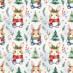 Whimsical woodland animals pattern with cute rabbits and evergreen trees for creative projects