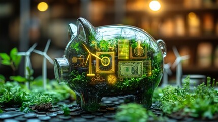 Poster - A piggy bank made of glass showcases lush plants inside, symbolizing growth and sustainable investment. Elements of renewable energy enhance the financial theme.