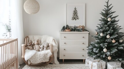 Canvas Print - Cozy nursery with Christmas tree, toys, and rocking chair.