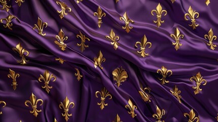 Wall Mural - A sophisticated background featuring golden fleur-de-lis patterns on a deep purple silk texture