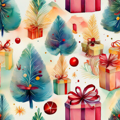 Seamless pattern featuring colorful Christmas trees and festive gift boxes for holiday decor
