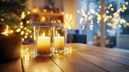 Poster - Cozy Candlelit Scene on Wooden Table with Soft Glowing Lights and Decorations