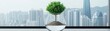 © Khritthithat - A small green tree growing in a clear glass vase filled with soil and water, set against a modern city skyline with tall buildings and blue sky