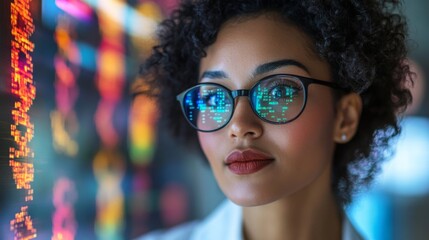 Aufkleber - A professional woman with curly hair and glasses observes a colorful data display in a contemporary office. She appears focused and engaged with the information, highlighting her role in technology.