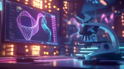 Fototapete - A high-tech laboratory features a microscope and a computer displaying intricate biophysical data visualizations.