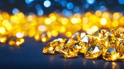 Poster - Shimmering Yellow Stones with Flickering Light and Soft Blue Background Bokeh Effect