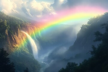 Canvas Print - Majestic Waterfall Cascading Through Misty Mountain Valley Rainbow Arcing