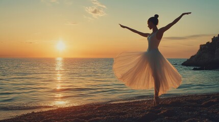 Wall Mural - A ballerina in a long white skirt performs a dance on the sand by the water. The background is a calm sea and a bright setting sun. The atmosphere of freedom and unity with nature. 