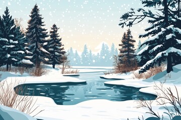 Canvas Print - Winter River Scene Snow Covered Pines And Stream