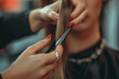 © Tetiana - A woman sits in a salon chair while a stylist cuts her hair made with generative ai