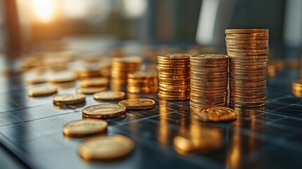 Leinwandbilder - Gold coins are stacked prominently on a dark surface, while several coins are scattered around. The warm glow of sunset creates an atmosphere of wealth and opportunity.